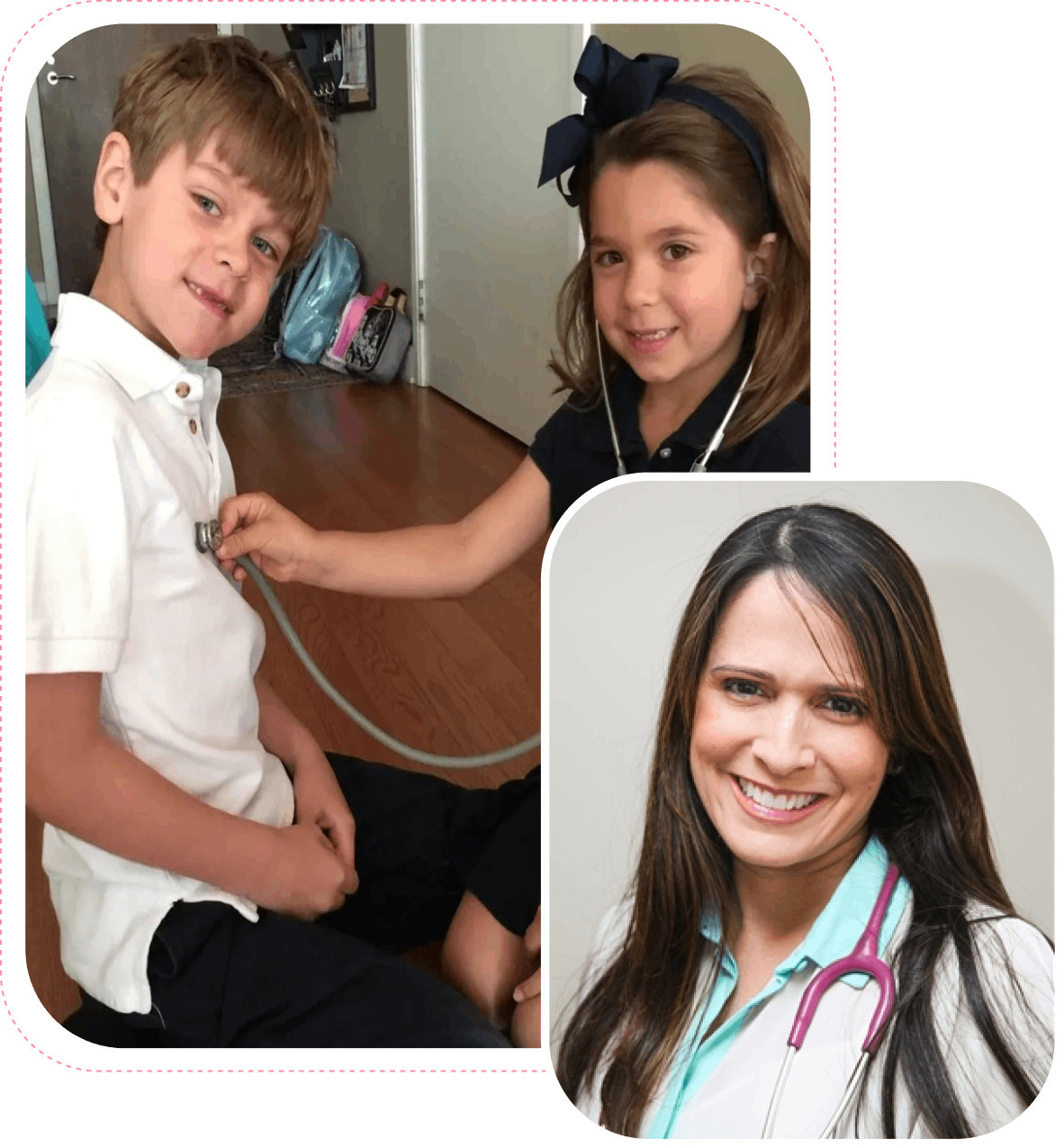 Children playing doctor; woman smiling with stethoscope.